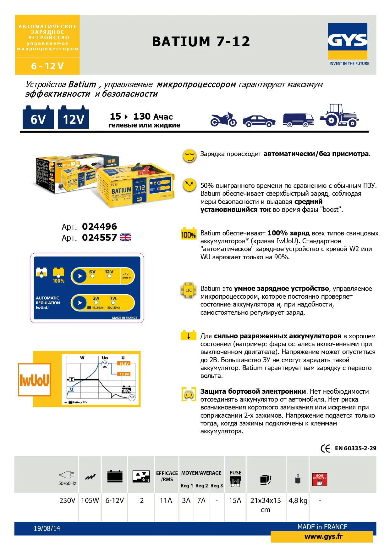Автоматическое зарядное устройство для автомобилей BATIUM 7-12, GYS-024496 - 2
