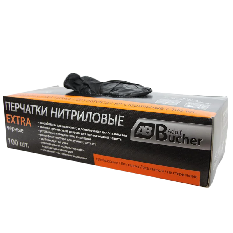 Adolf Bucher Перчатки нитриловые черные Экстра, 100шт, размер L - 1