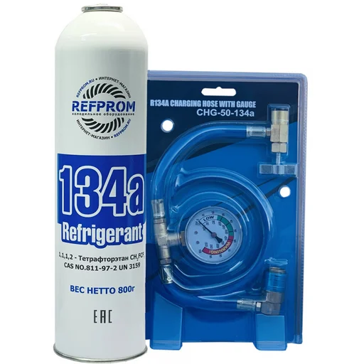 Комплект для заправки автокондиционера R134А Refprom 800 г + шланг с манометром - 1