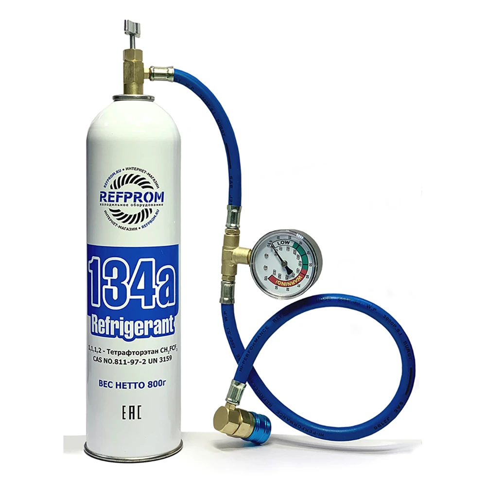 Комплект для заправки автокондиционера R134А Refprom 800 г + шланг с манометром - 2