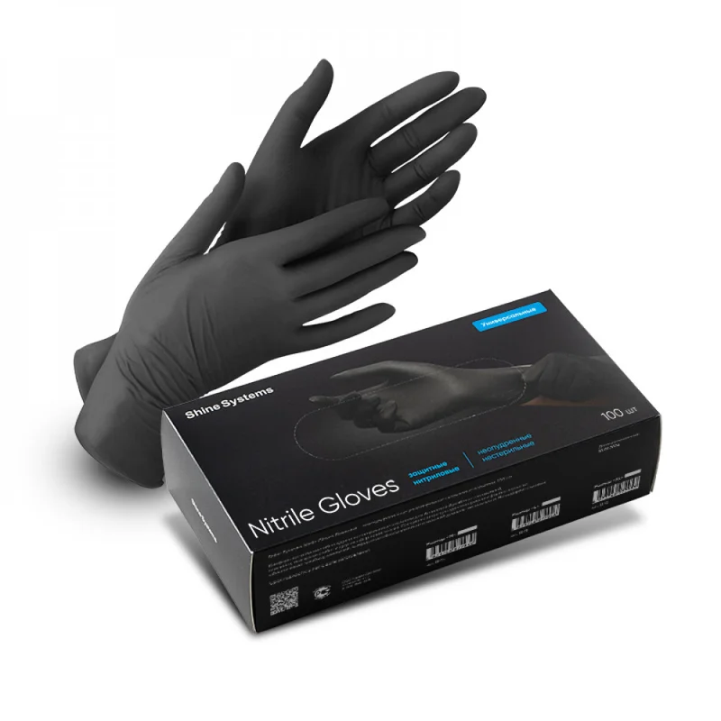 Shine Systems Nitrile Gloves - защитные универсальные нитриловые неопудренные перчатки, размер "M", цвет черный 100 шт - 1